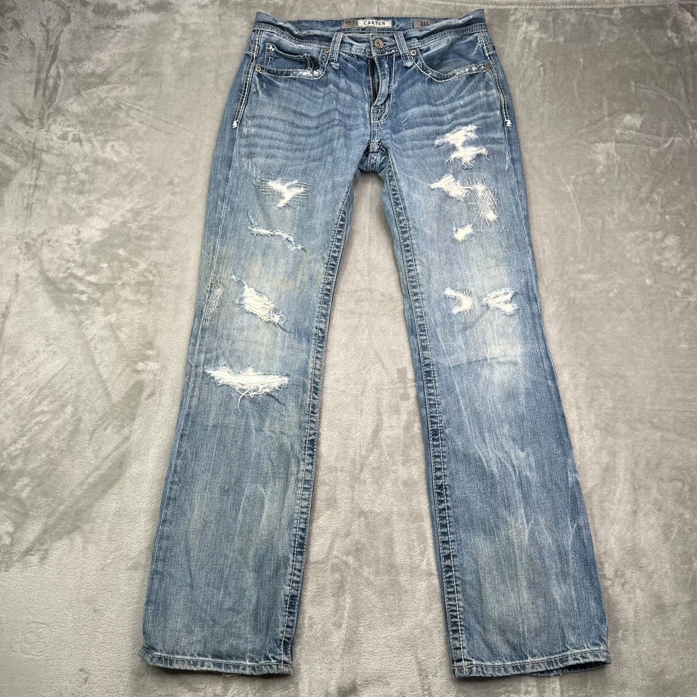 BKE Carter Jeans Mens 31L (31x33) Blue Straight Leg Distressed Faded Whiskered